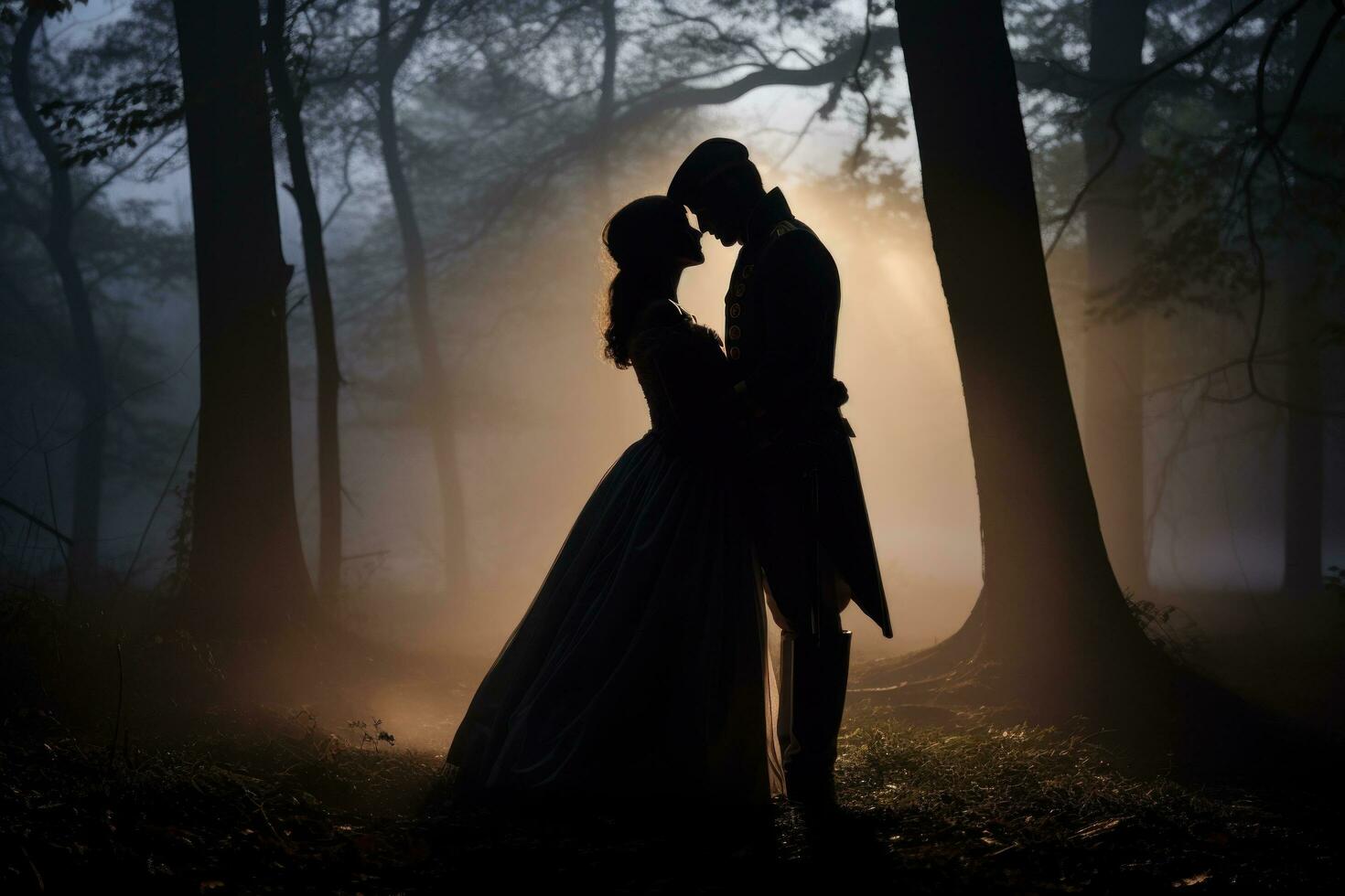 Woman and man kissing in the forest photo