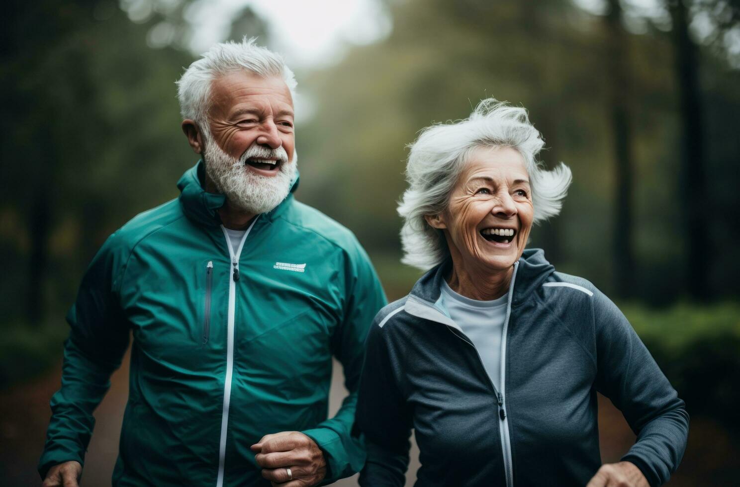 An older couple is jogging in an open field photo