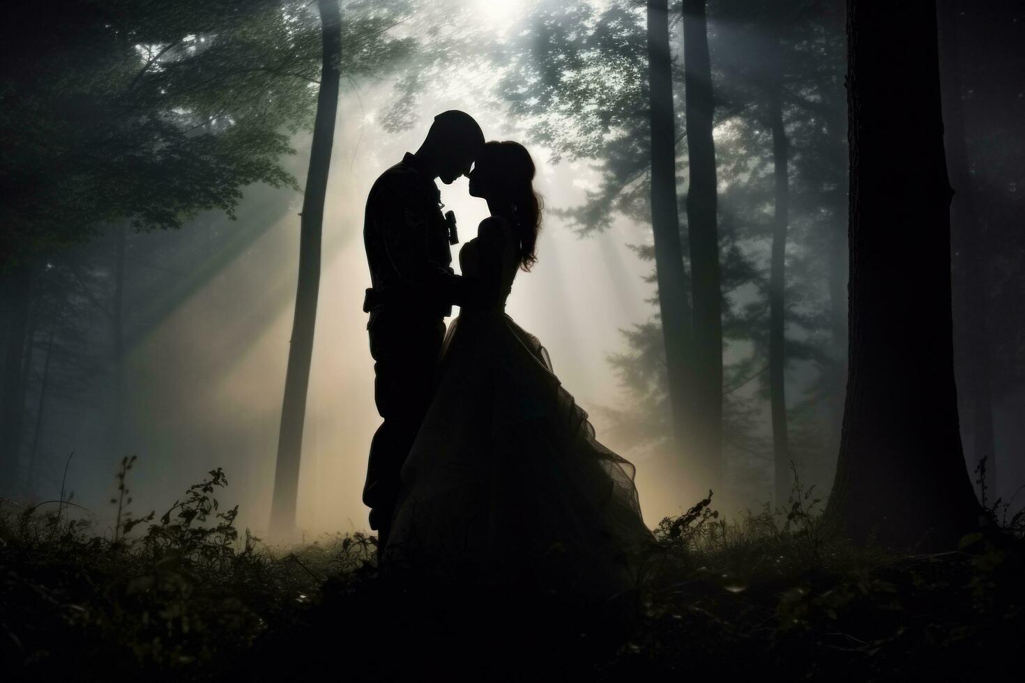 Woman and man kissing in the forest photo