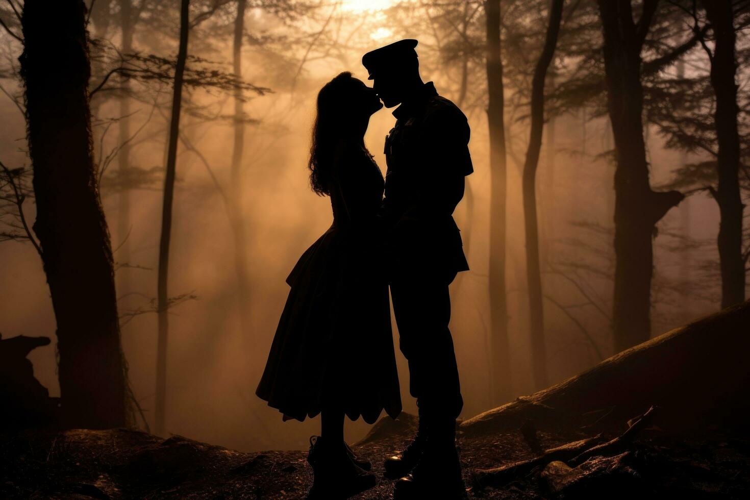 Woman and man kissing in the forest photo