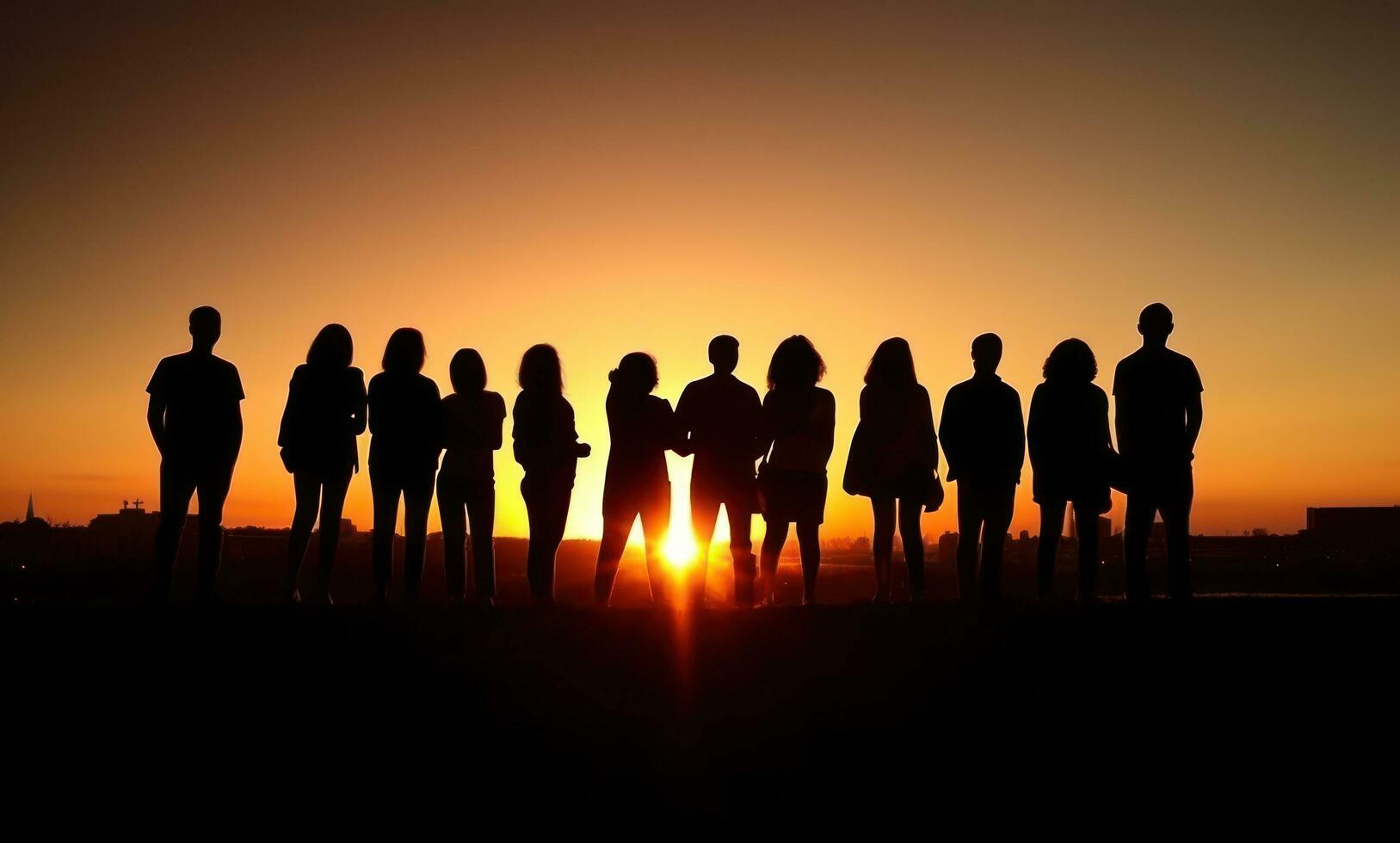 grupo de personas silueta en el puesta de sol foto
