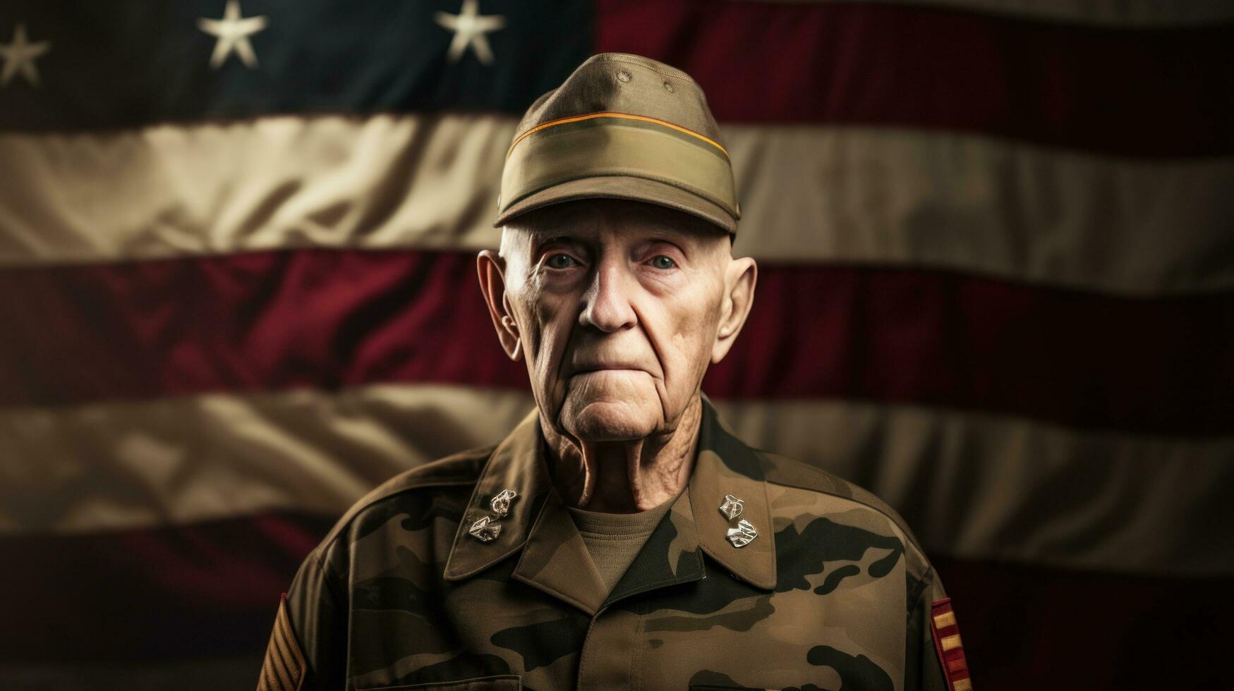 An elderly male soldier in military uniform standing in front of an american flag photo