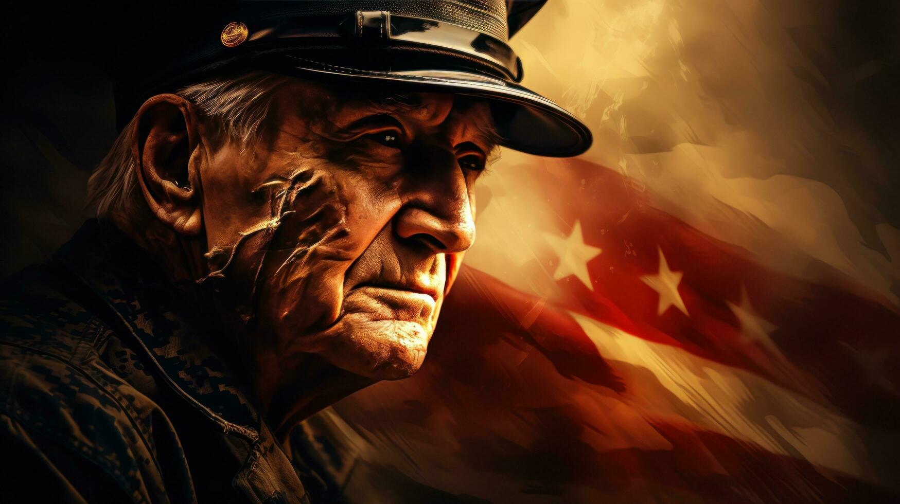An elderly male soldier in military uniform standing in front of an american flag photo