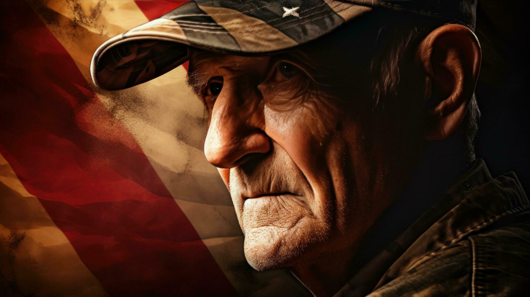 An elderly male soldier in military uniform standing in front of an american flag photo