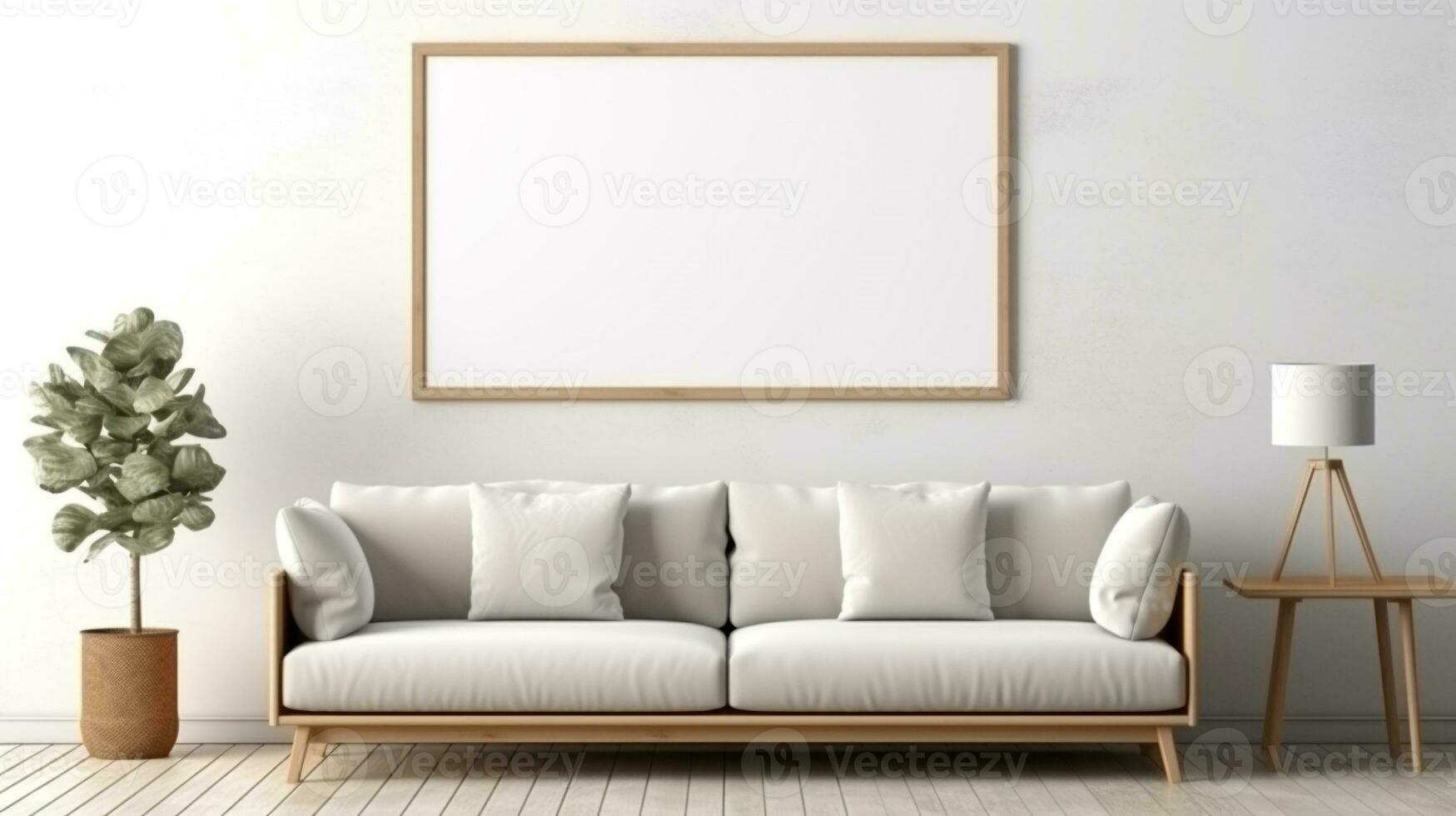 cozy modern living room. front view of white couch in the house. generative AI photo