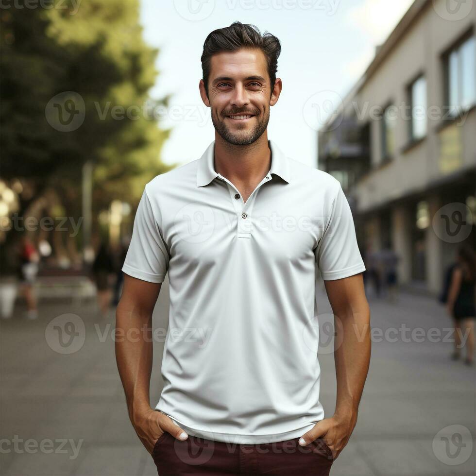 View of men's Polo white Tshirt template on a wooden background photo