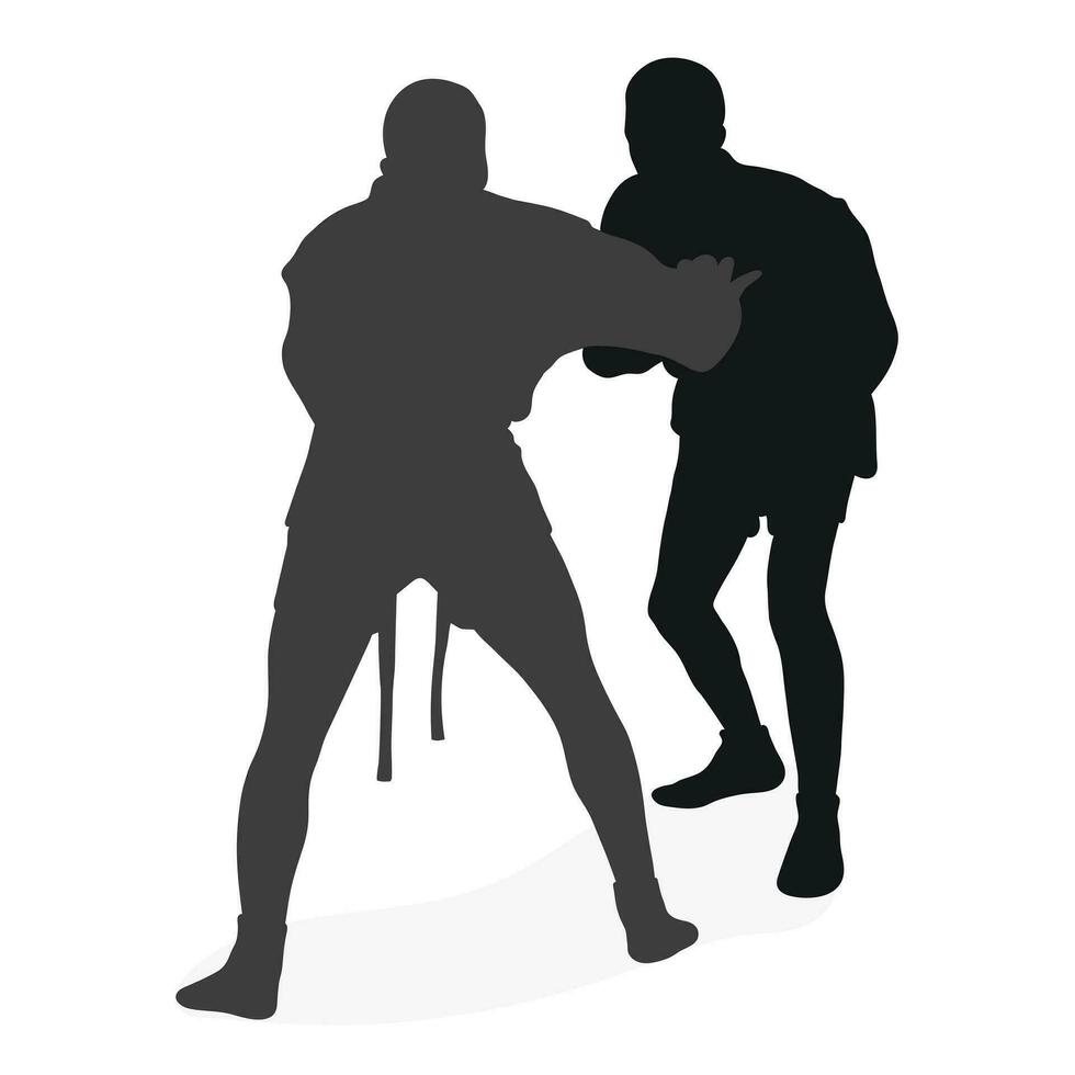 Image of silhouettes sambo athletes in sambo wrestling, combat sambo, duel, fight, fistfight, struggle, tussle, brawl, jiu jitsu. Martial art, sportsmanship vector