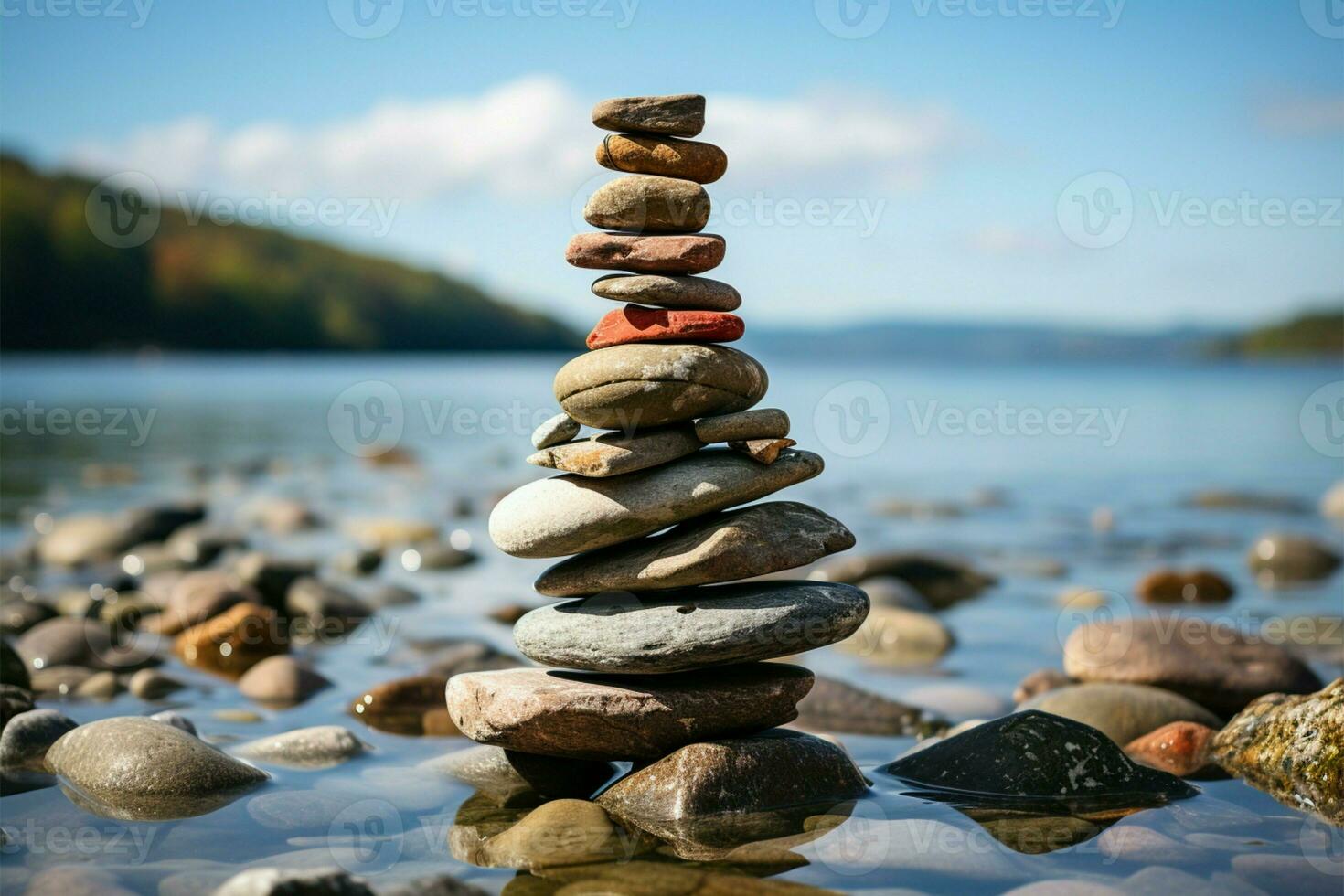 náutico formación mar besado piedras apilado dentro un pirámide a lo largo el apuntalar ai generado foto