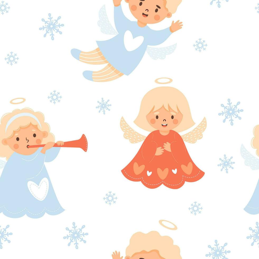 Christmas seamless pattern. Cute angel blond kids. Funny girls with trumpet and boy on white background with snowflakes. Vector illustration in cartoon style. Xmas children collection