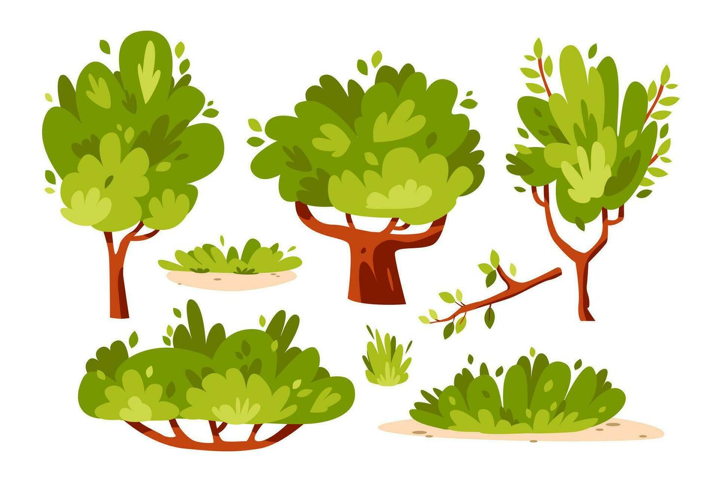 Bushes, trees and grass vector collection on a white background.