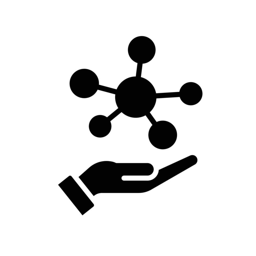 Hand molecule glyph icon, biology  evolution, collagen, protein amino atom, social technology, bio global. Holding molecular compound. structure vector illustration design on white background EPS 10