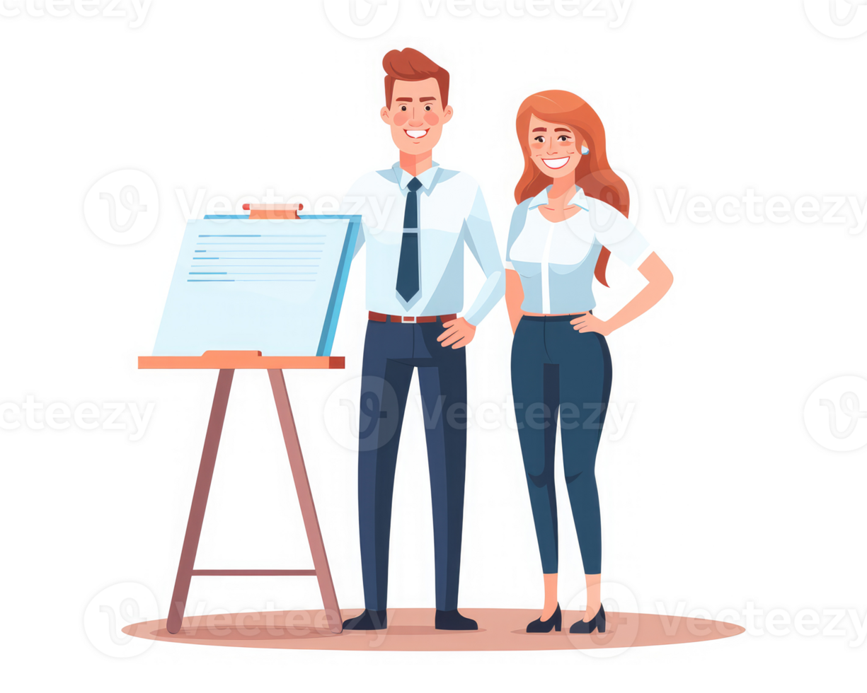 smiling business colleagues standing with clipboard at desk . AI Generated png