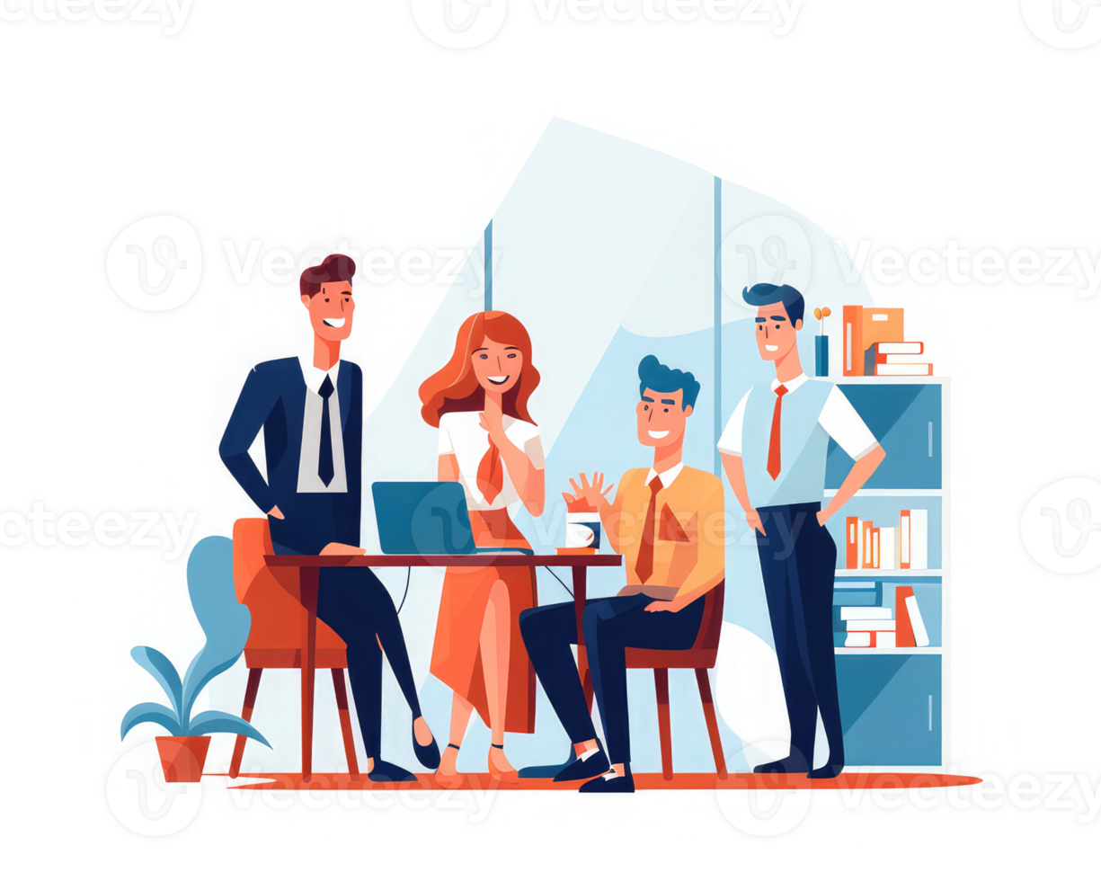 Smiling business people brainstorming collaborating on project development in corporate office . AI Generated png