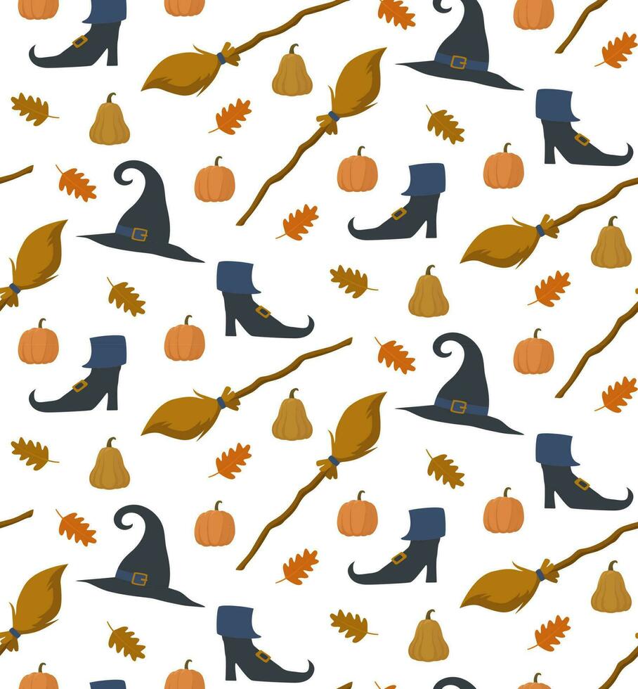 Halloween Seamless Pattern. Witch's hat and broom. Pumpkin pattern vector