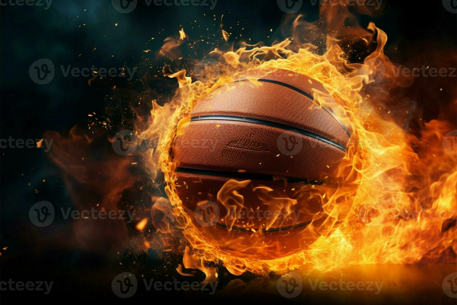 Flaming basket charge, Intense ball movement as hoop ignites in basketball AI Generated photo