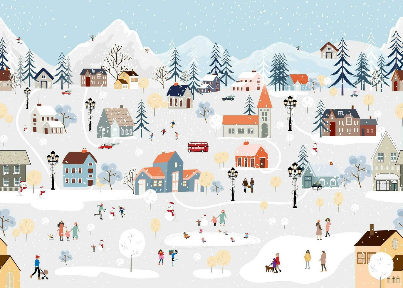Seamless pattern Winter landscape,Celebrating Christmas and New Year 2024  in village at night with happy people playing ice skate in the park,Vector horizontal banner winter wonderland in countryside vector