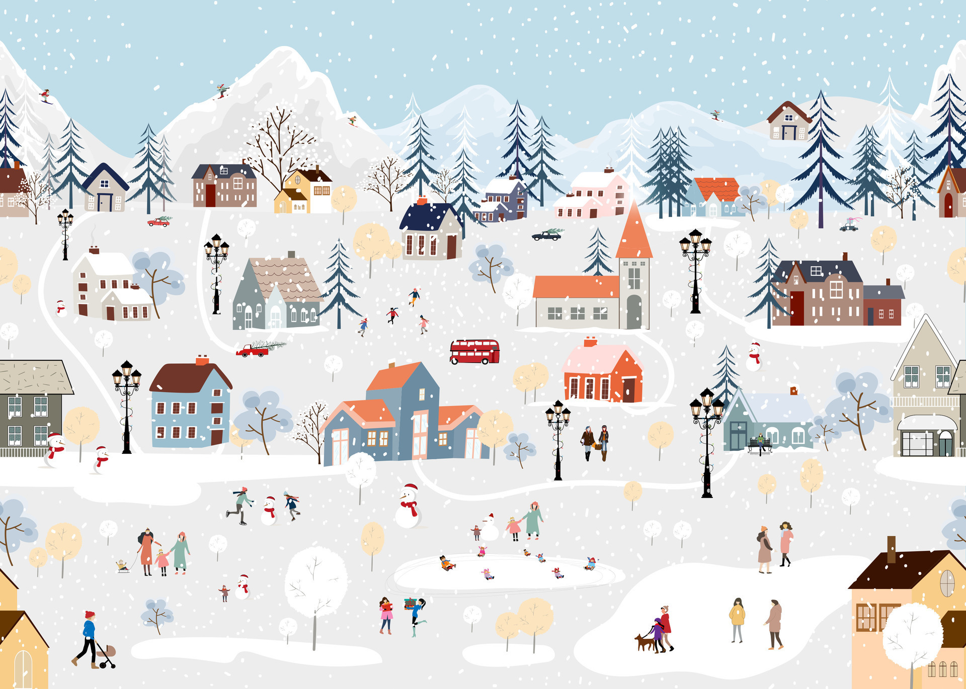 Winter Landscape Vector Winter Wonderland Banner Village People