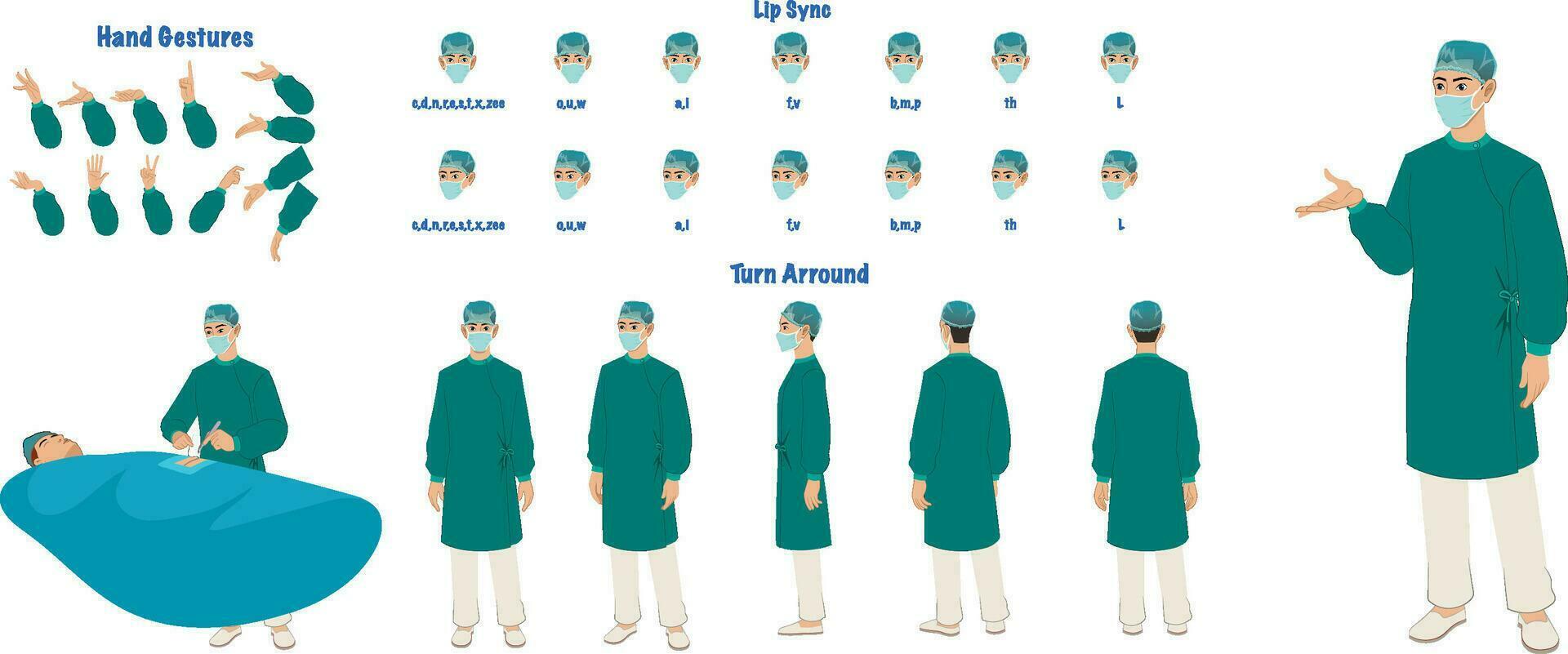 A surgeon model sheet. Male surgeon, doctor turnaround sheet. Surgeon, Doctor hand gestures, lip sync vector