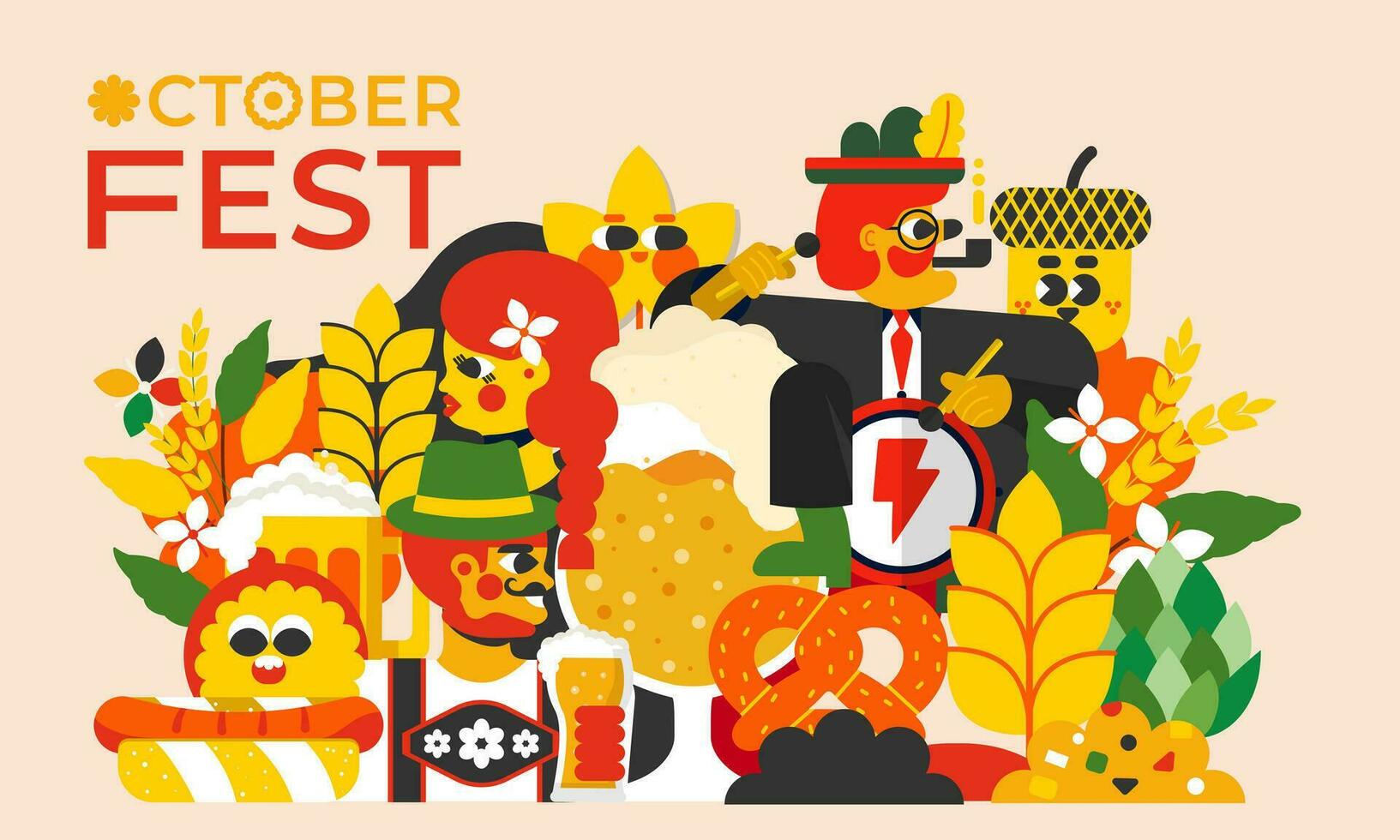 Oktoberfest illustration. The image conveys the unique spirit of the holiday, people in traditional costumes raising beer mugs, german food and a lot of beer. Will perfectly complement your project. vector