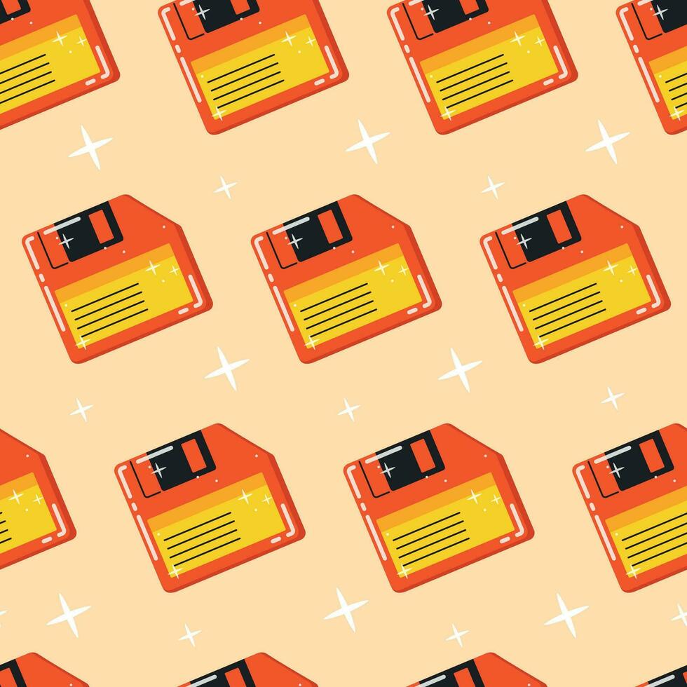 Old floppy disk, information diskette. Vector seamless cartoon pattern, 90s retro style.