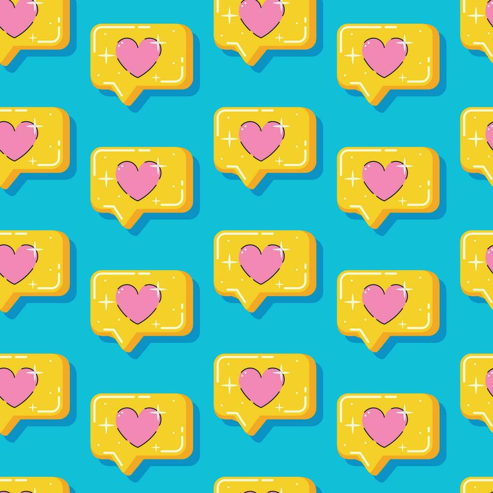 Cartoon funny retro bubble speech with a heart. Vector cartoon seamless pattern, 90s pop style.