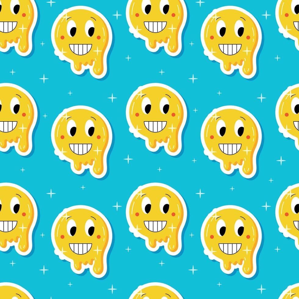 Funny laughing melting emoticon. Vector cartoon seamless pattern with retro emoji sticker, 90s style
