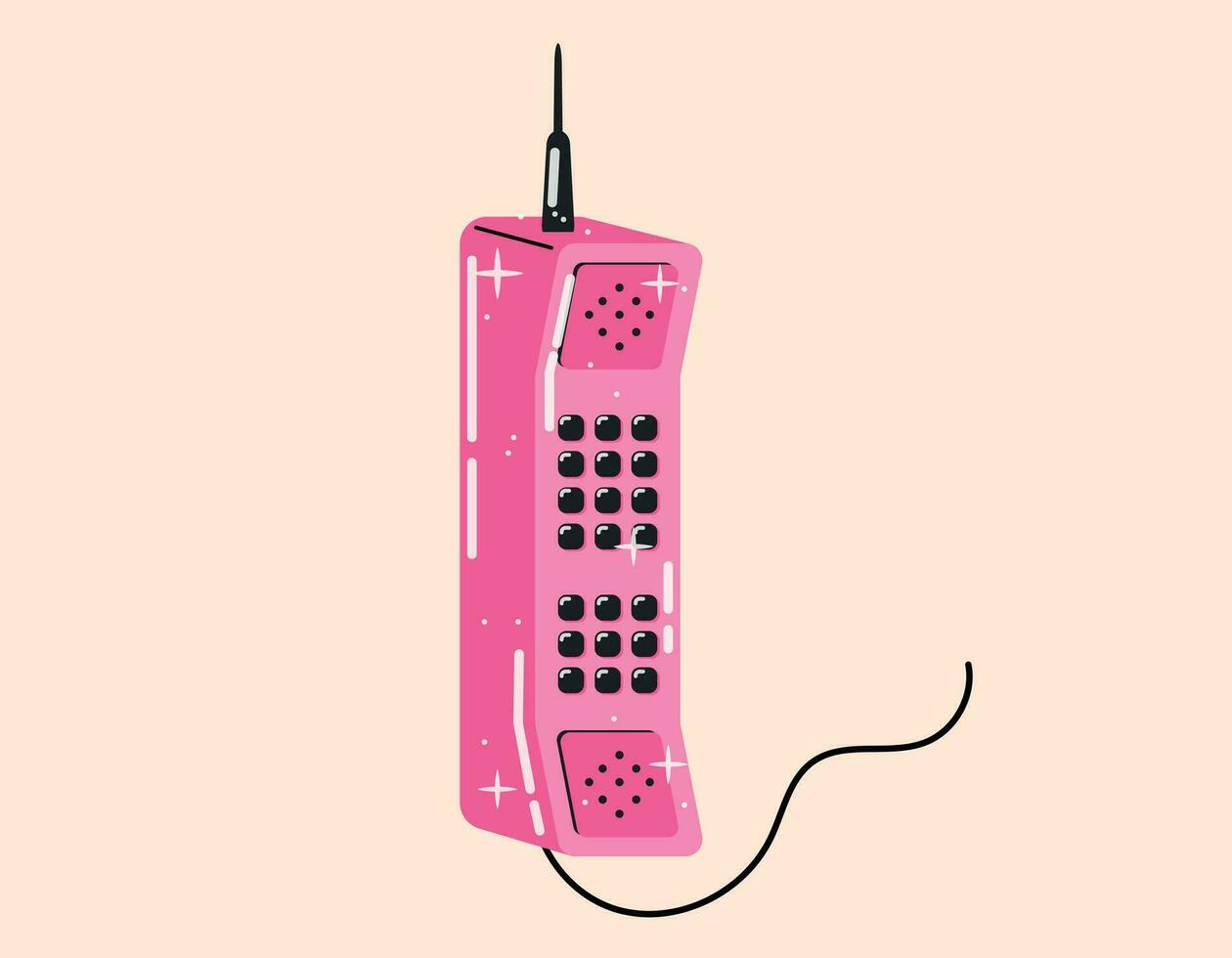 Receiver of an old retro telephone with a wire. Vector isolated flat illustration, 90s style.
