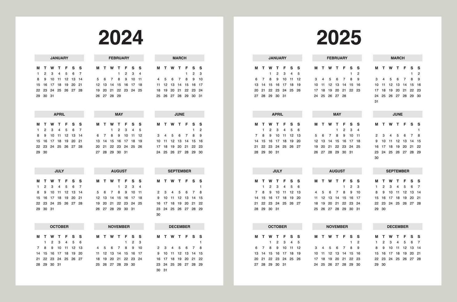 Simple calendar 2024, calendar 2025 week start Monday vector