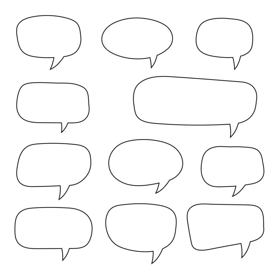 Vector speech bubbles set. Hand drawn speech bubbles set, doodle style, Blank empty vector speech bubbles. Cartoon outline balloon word design.