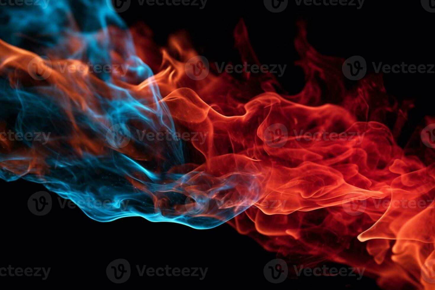 Striking red and blue fire emerges from the black backdrop. AI Generated photo