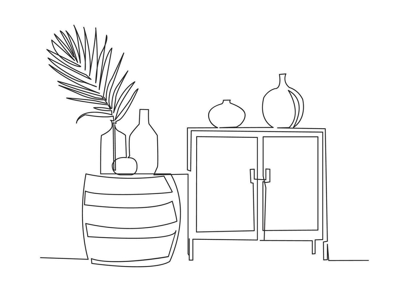 Continuous one line drawing of bedside table and vases. Vector illustration