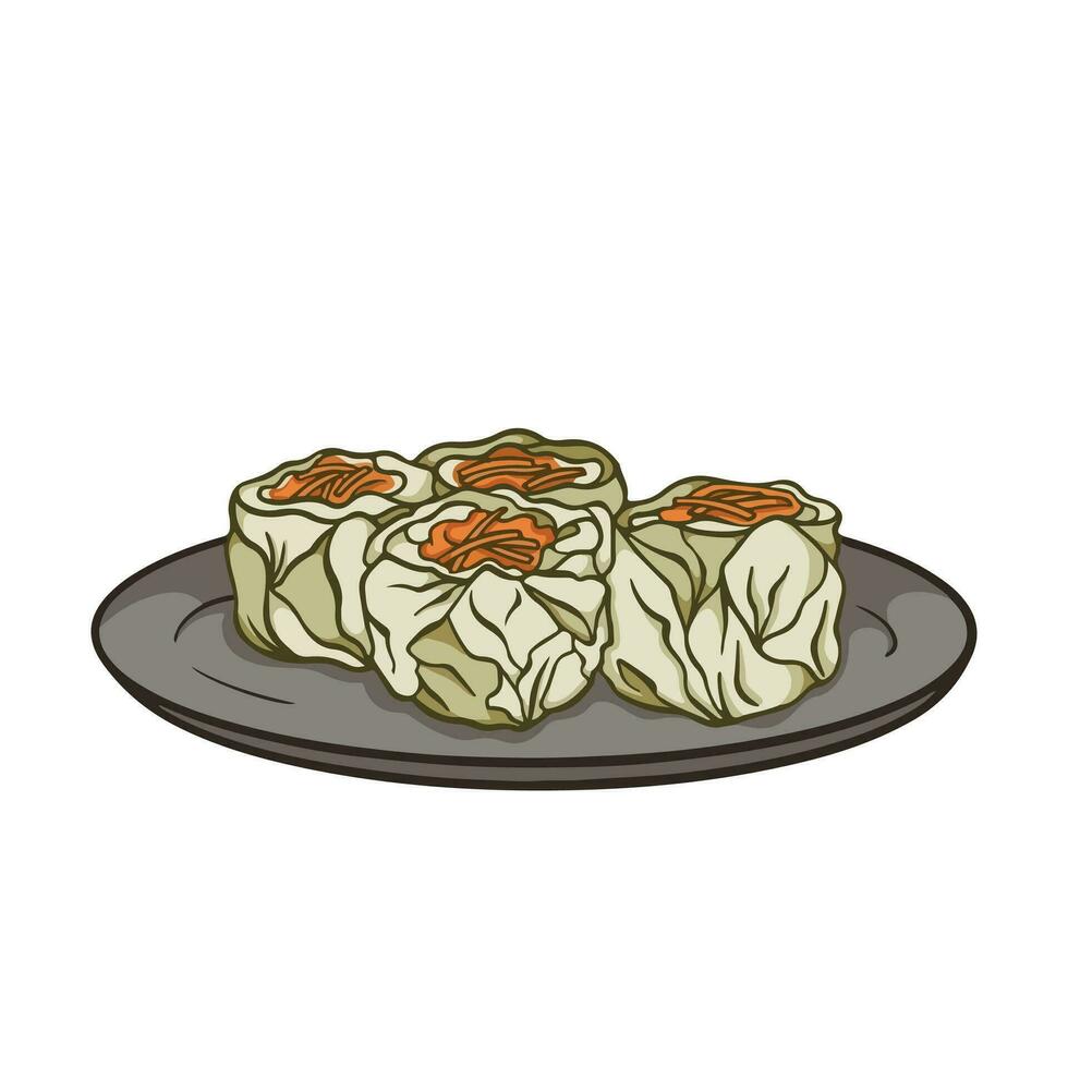Shumai dimsum food vector illustration isolated on square white background. Delicious siomay ayam udang with orange carrot wortel topping on top. Simple flat cartoon art styled drawing.