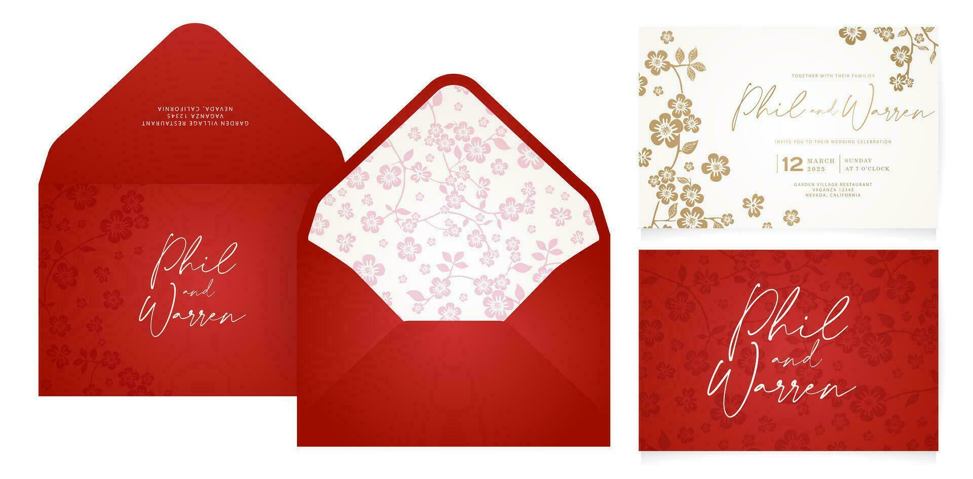 conjunto de negocio tarjeta y sobres plantillas con floral ornamental Cereza florecer patrones para papelería, disposición, collage, escena diseños, evento volantes, bandera huellas dactilares materiales, Días festivos regalo tarjetas vector