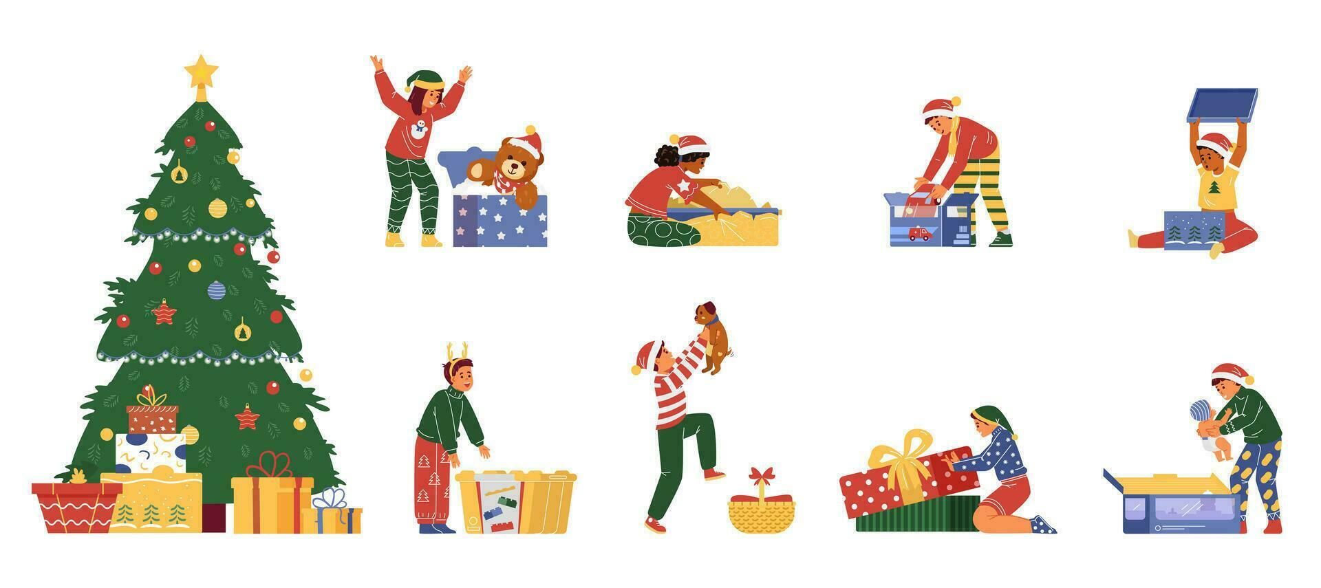 Happy Kids in Christmas outfit opening presents flat vector illustrations collection. Set of multiracial kids receiving Christmas gifts. Christmas tree and gift boxes.