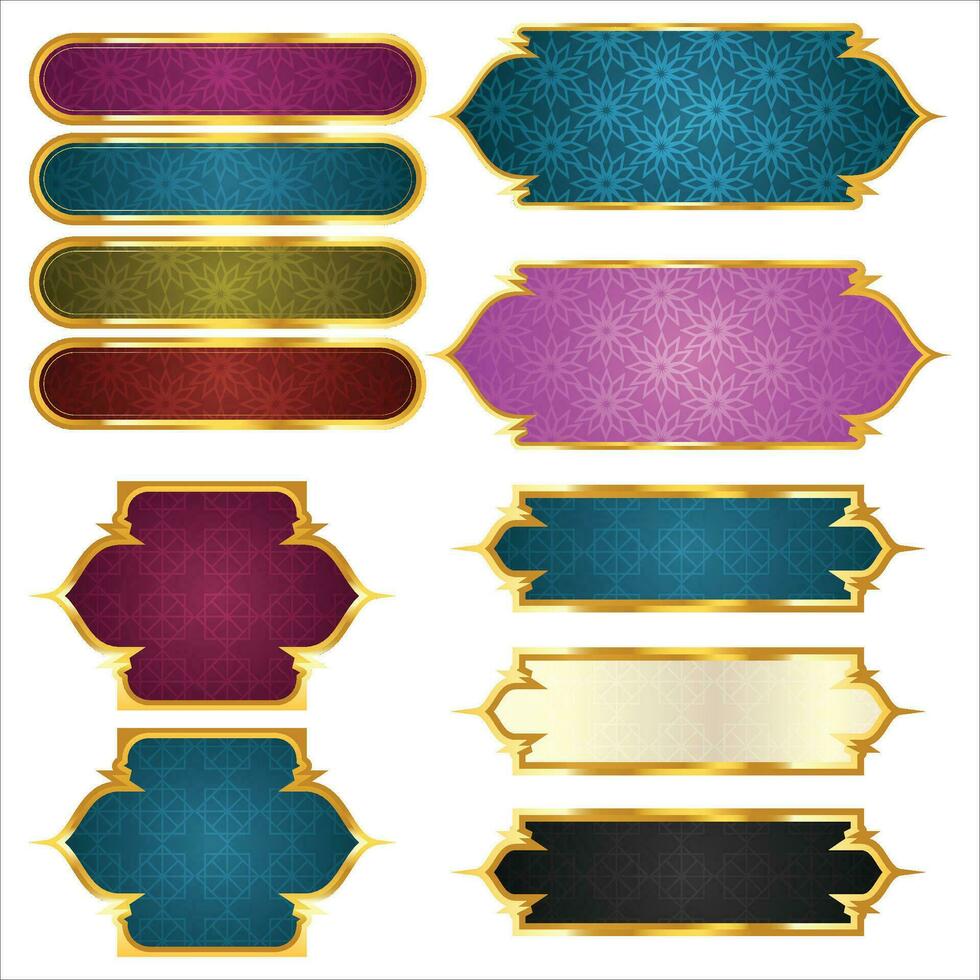 conjunto de decorativo lujo dorado Arábica islámico bandera título marco transparente antecedentes oro texto caja clipart vector