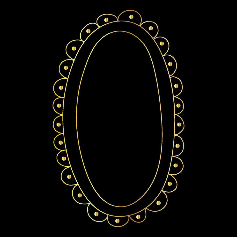 Doodle hand drawn oval golden frame isolated on black background. Retro minimalist gradient frame for photos and paintings, beautiful decorative elements. vector