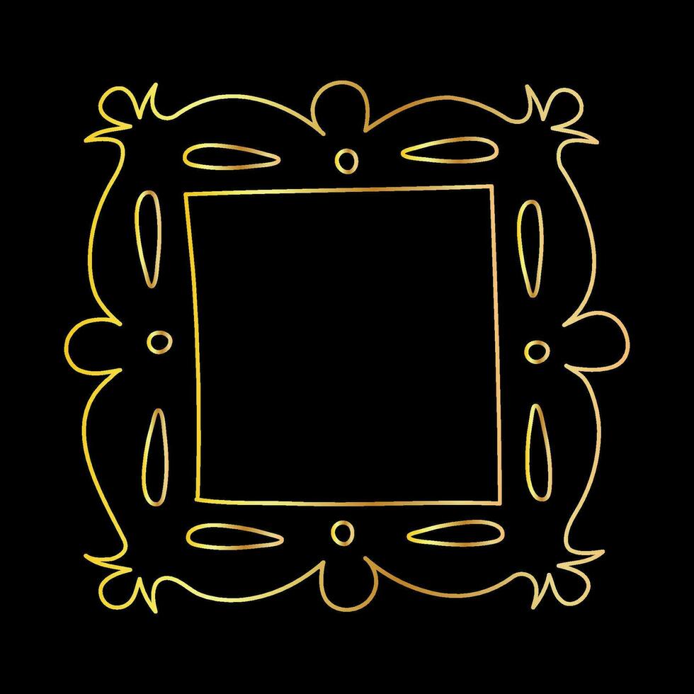 Doodle hand drawn golden frame isolated on black background. Square frame for photos and paintings with beautiful decorative elements, vintage retro illustration. vector