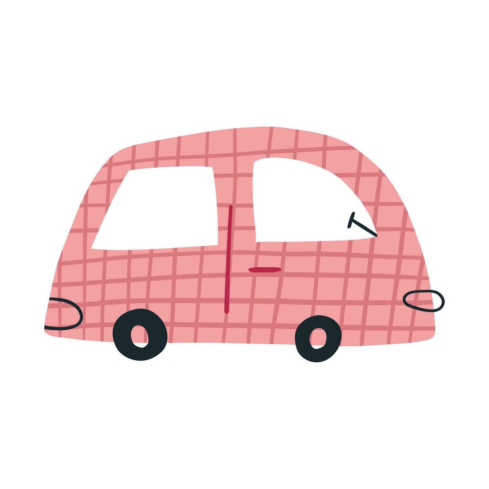 Cute childish car driving, cartoon flat vector illustration isolated on white background. Funny hand drawn pink van. Nursery design element. Automobile in Scandinavian style.