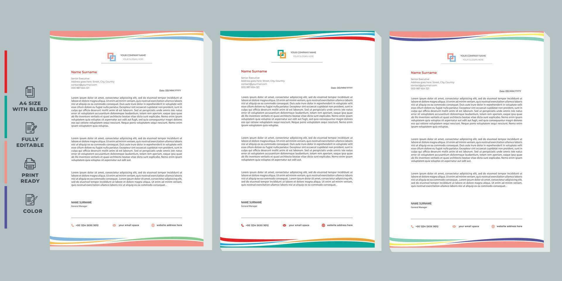 Letterhead corporate creative business company minimal clean unique template design.letterhead Colorful red, green, yellow, blue design stationary project. Multipurpose letterhead abstract, elegant vector