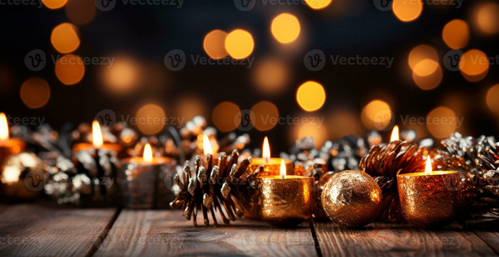 Christmas burning candle, blurred bokeh background, New Year - AI generated image photo