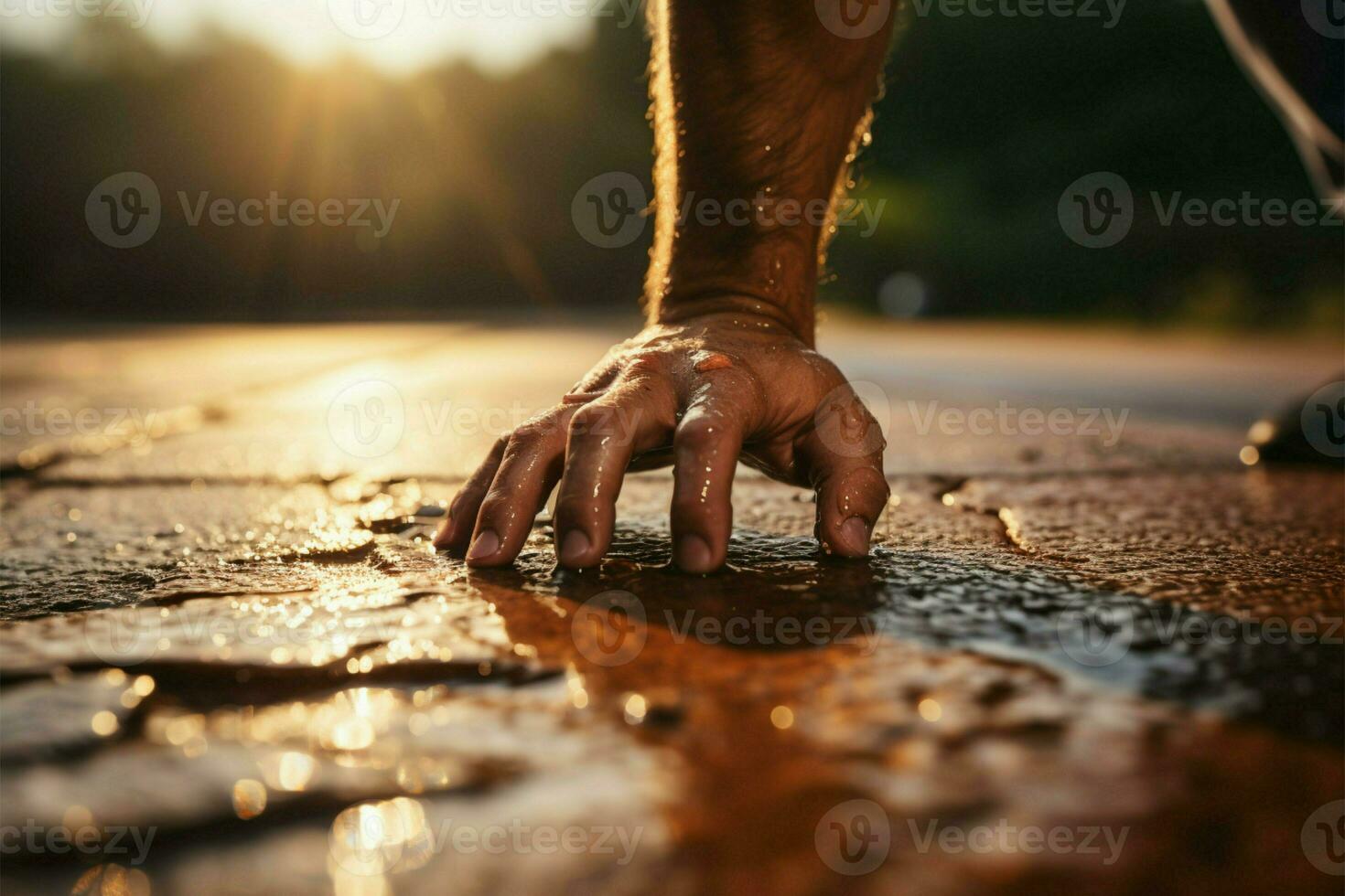 Morning fitness, closeup of mans hand doing push ups, sunlight enhancing exercise AI Generated photo