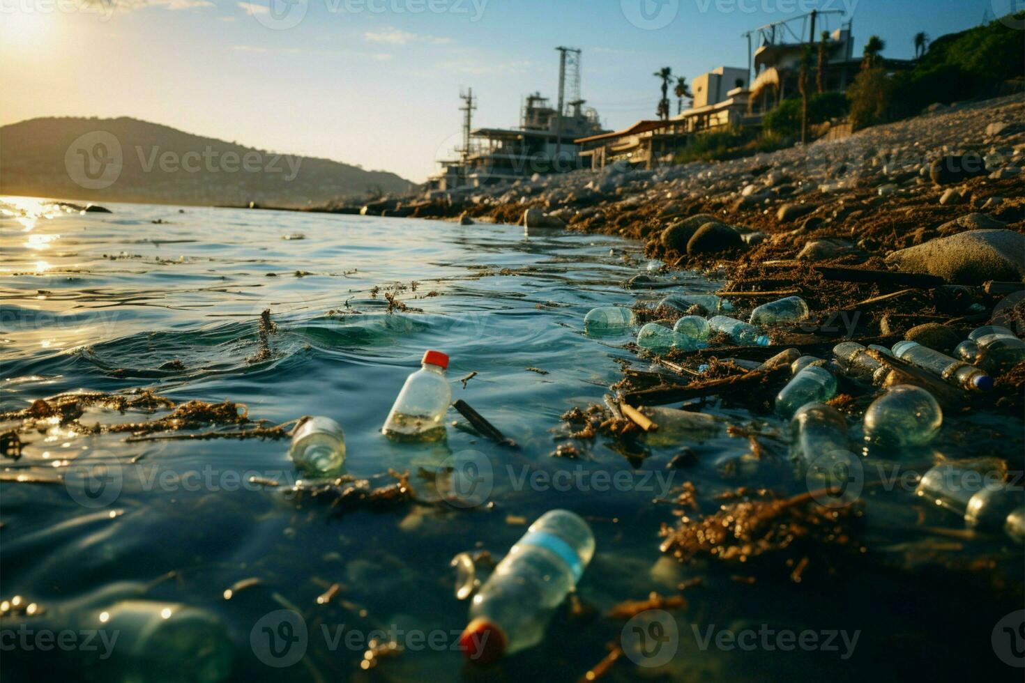 playa contaminación representado con el plastico botellas y basura tirar basura el orilla ai generado foto