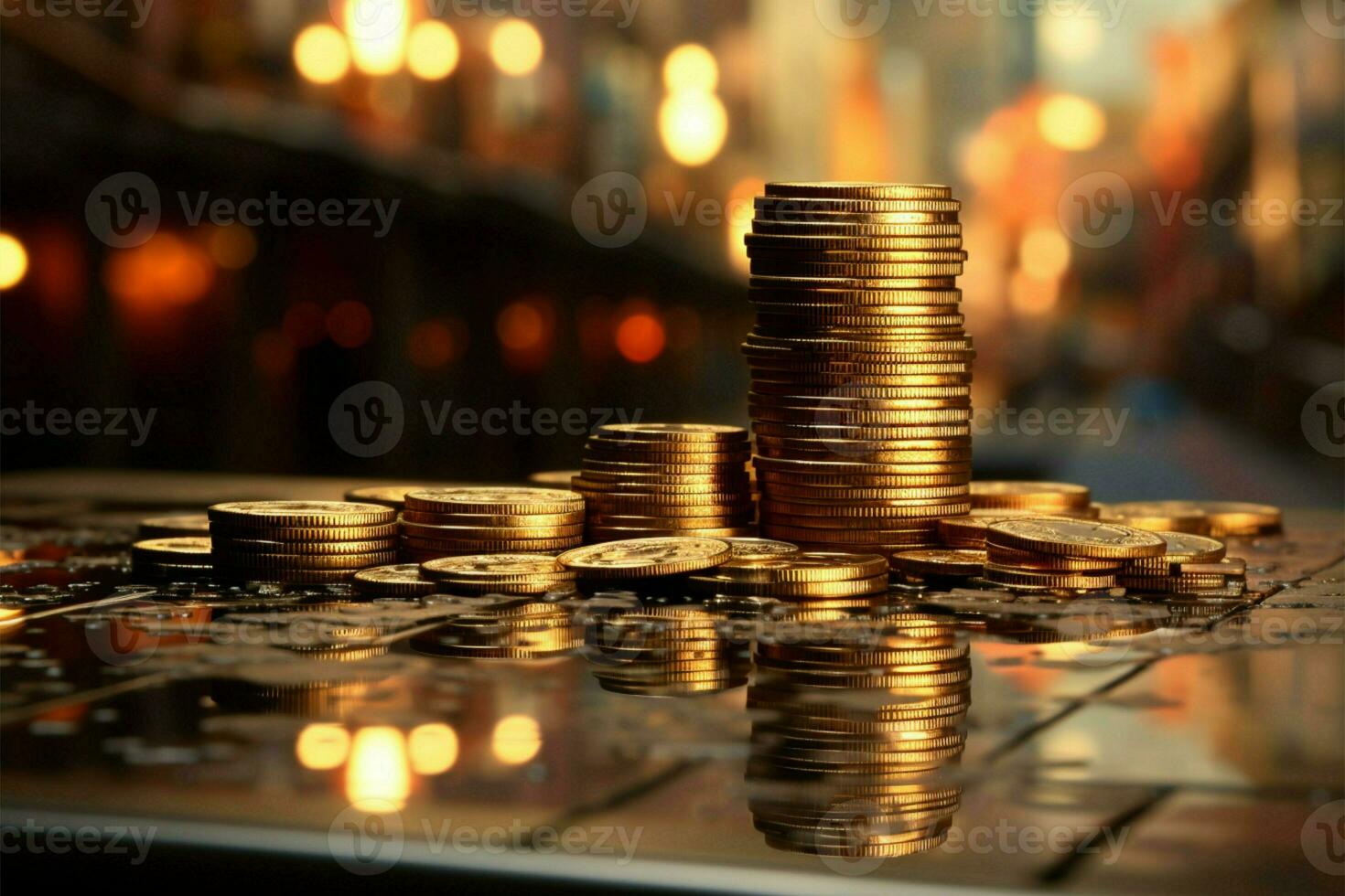 Dual coins and graph in cityscape symbolize financial growth and stock market success AI Generated photo