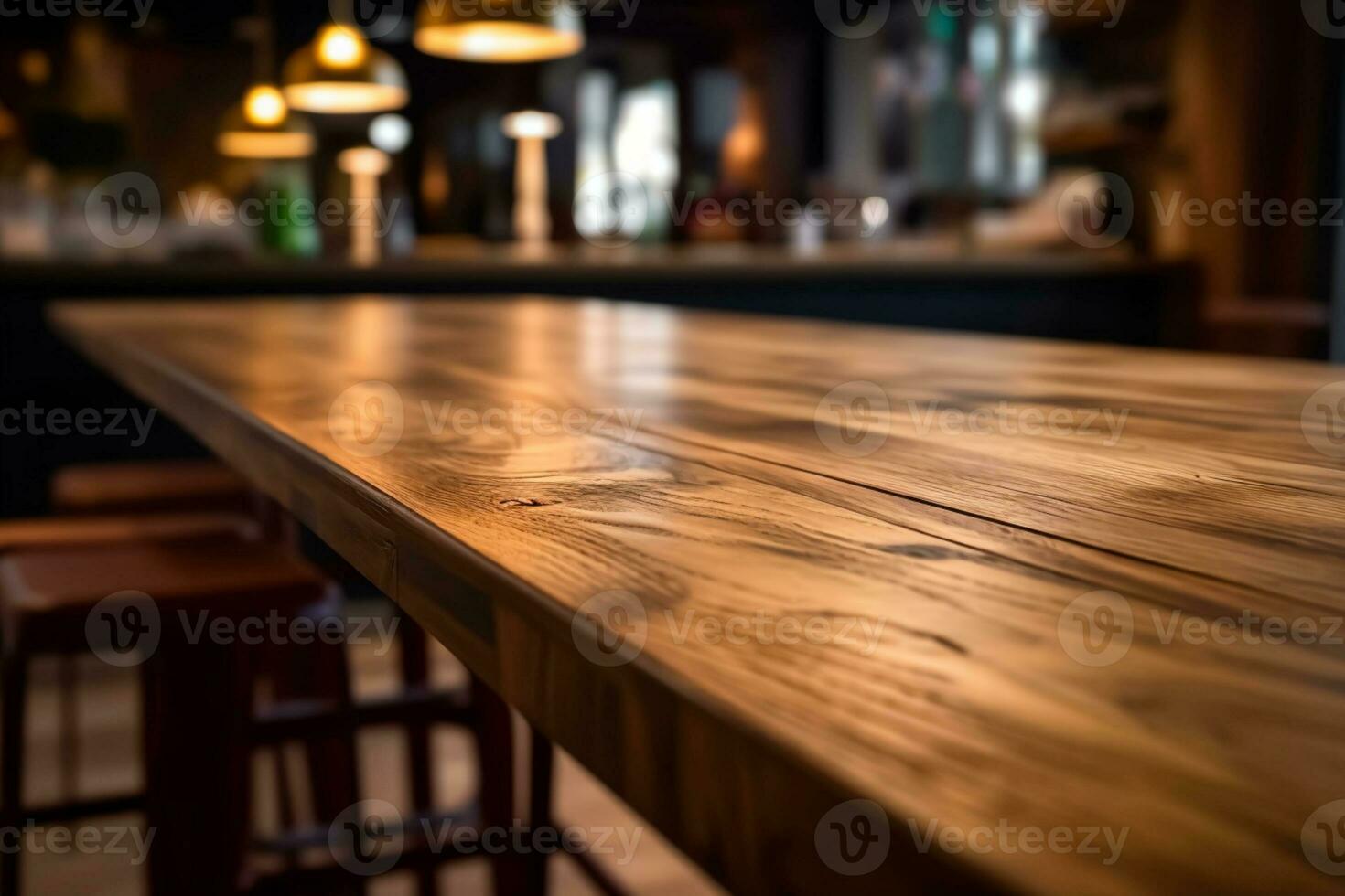 Wooden table's surface against a blurred restaurant bar interior. AI Generated photo