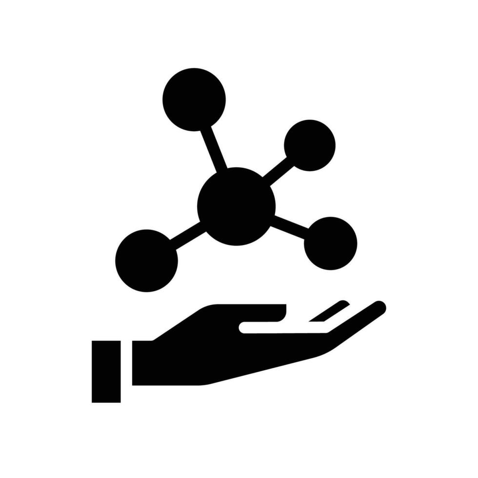 Hand molecule glyph icon, biology  evolution, collagen, protein amino atom, social technology, bio global. Holding molecular compound. structure vector illustration design on white background EPS 10