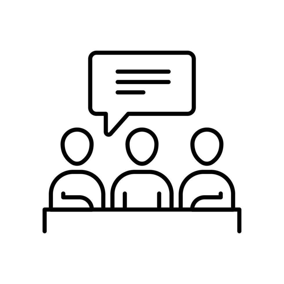Meeting icon. Simple outline style. Team, speech bubble, table, negotiation concept. Thin line symbol. Vector illustration isolated.