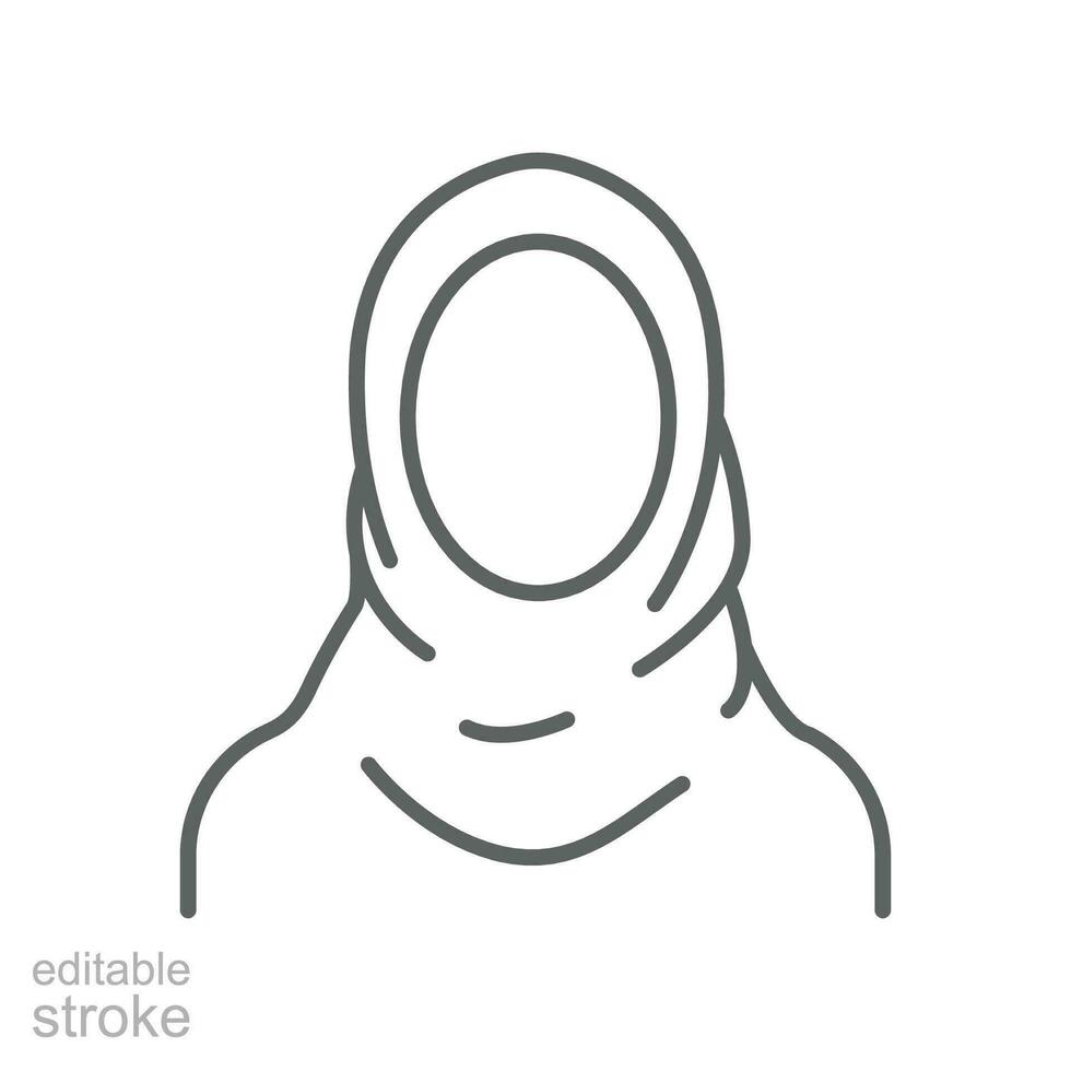 Women hijab icon, saudi arab, lady, female, islam. Beautiful muslim girl avatar. head scarf Eastern Women's Clothing logo. editable stroke. Vector illustration. Design on white background. EPS 10