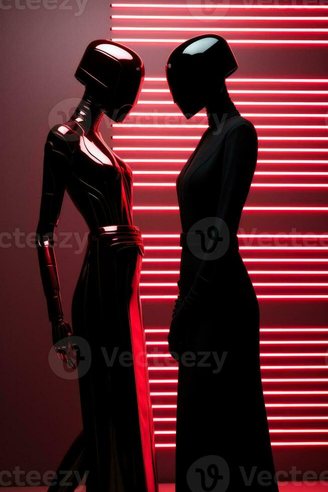 Robotic models exhibiting minimalist attire on neon backdrops background with empty space for text photo