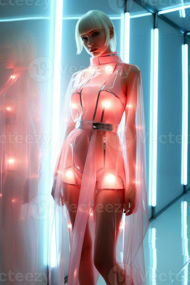 Futuristic fashionistas in holographic couture on starkly minimalist interiors background with empty space for text photo