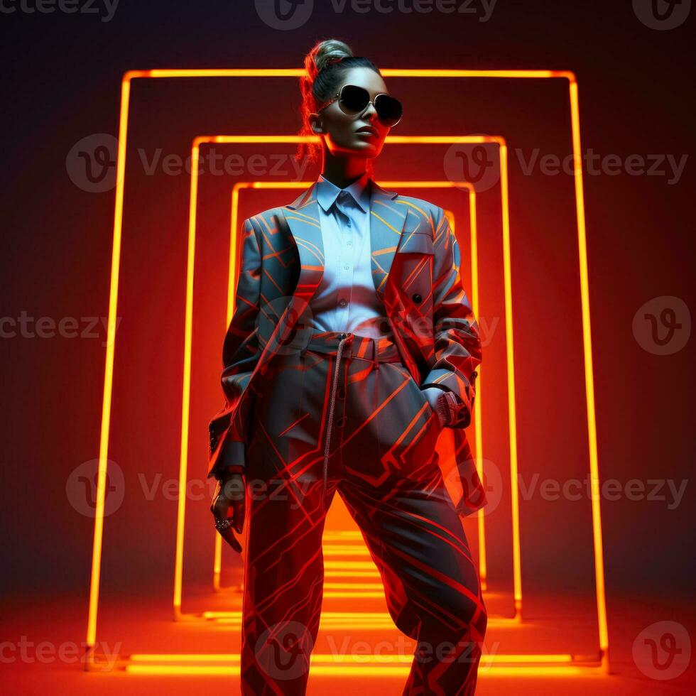 Androgynous model in reflective geometric attire isolated on a neon gradient background photo